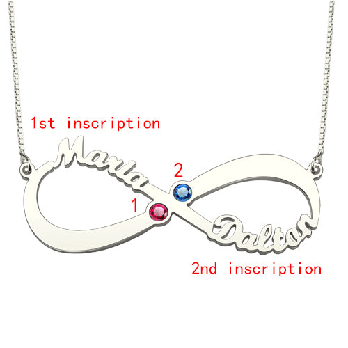 2 Names & Birthstones Infinity Love Necklace Sterling Silver