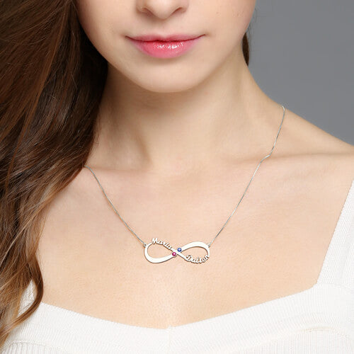 Collana con 2 nomi e pietre portafortuna Infinity Love in argento sterling 