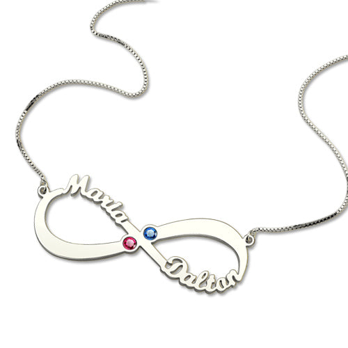 Collana con 2 nomi e pietre portafortuna Infinity Love in argento sterling 