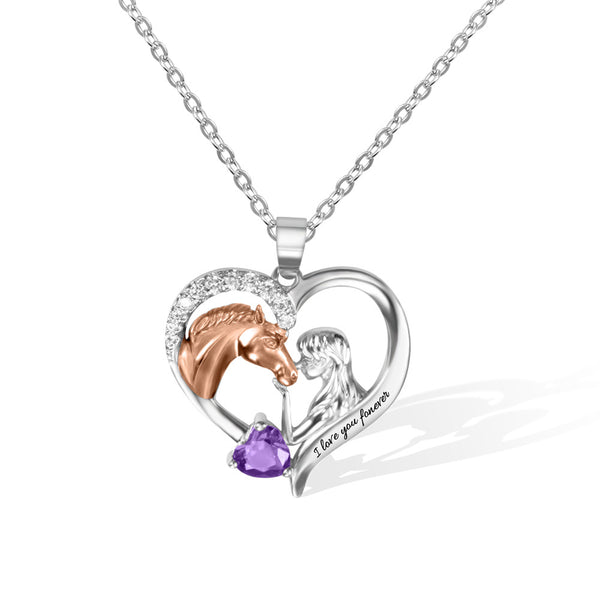 Collana a forma di cuore con ciondolo a forma di cavallo e ragazza in argento sterling 