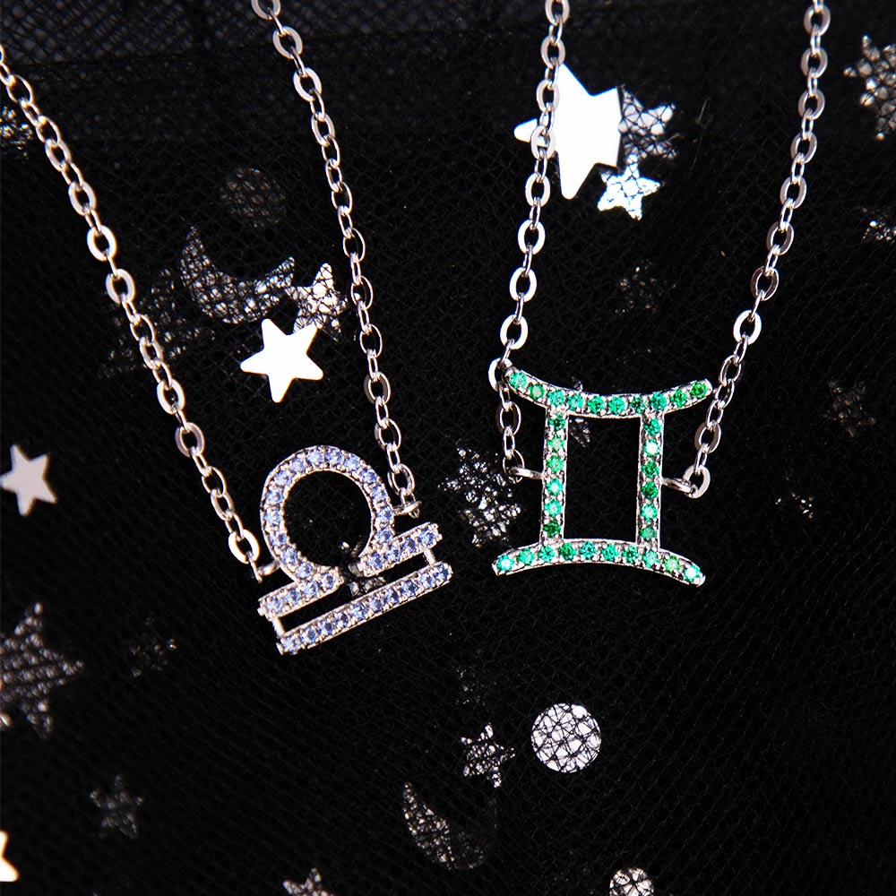 Custom Zodiac Sign Sideway Necklace with Birthstone - Symbol Style