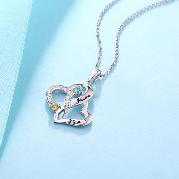 Personalized Double Heart Necklace with 2 Names & Birthstones Brass