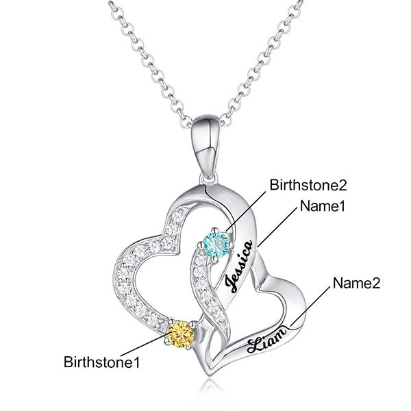 Personalized Double Heart Necklace with 2 Names & Birthstones Brass