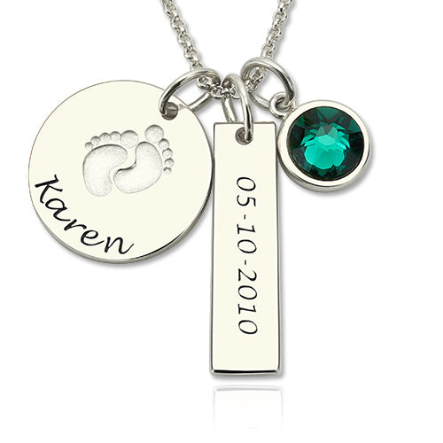 Baby Feet Disc Necklace With Birthstone For New Mom