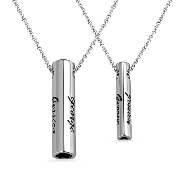 Engraved Double Heart Bar Necklace Sterling Silver