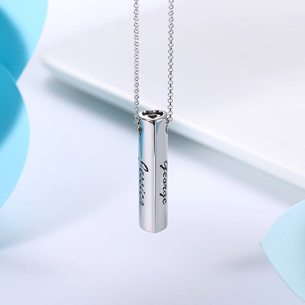 Engraved Double Heart Bar Necklace Sterling Silver