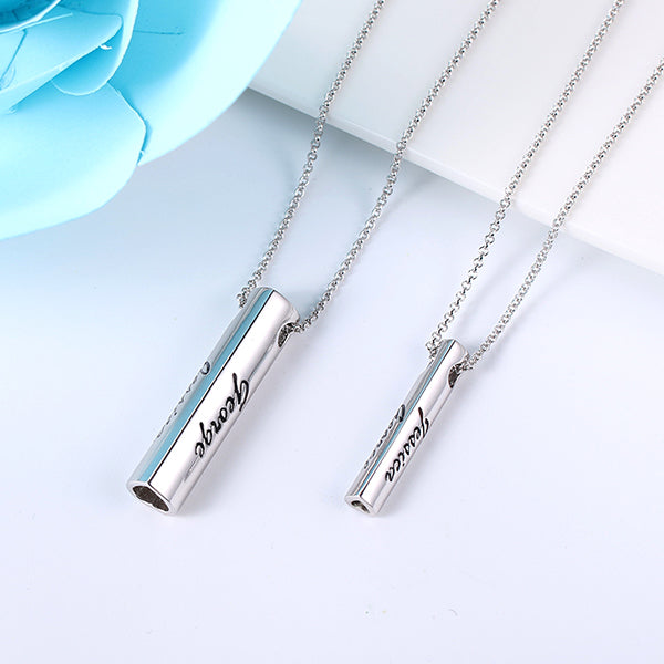 Engraved Double Heart Bar Necklace Sterling Silver