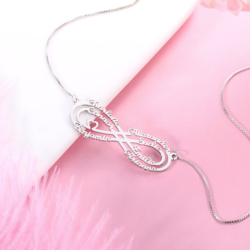 Personalized 7 Names Infinity Necklace in Silver