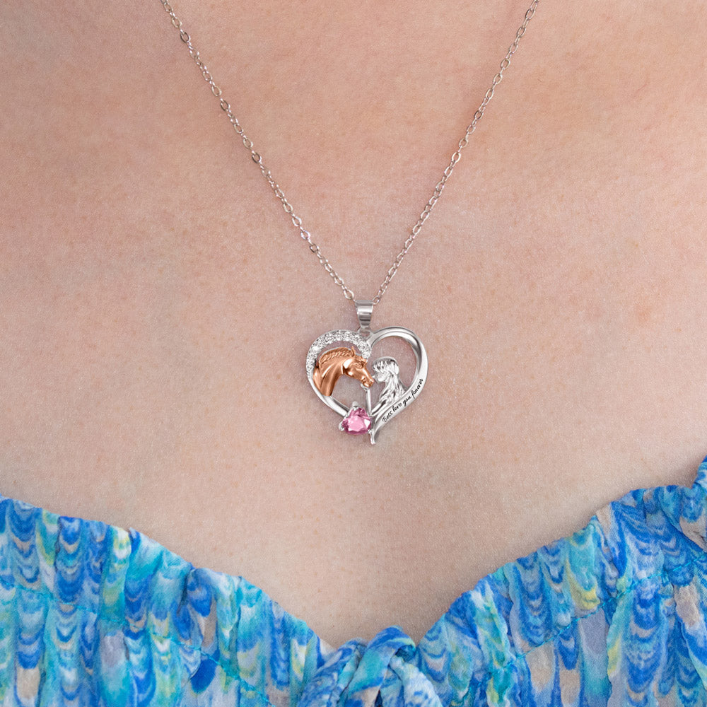 Heart Necklace with Horse & Girl Charm Sterling Silver