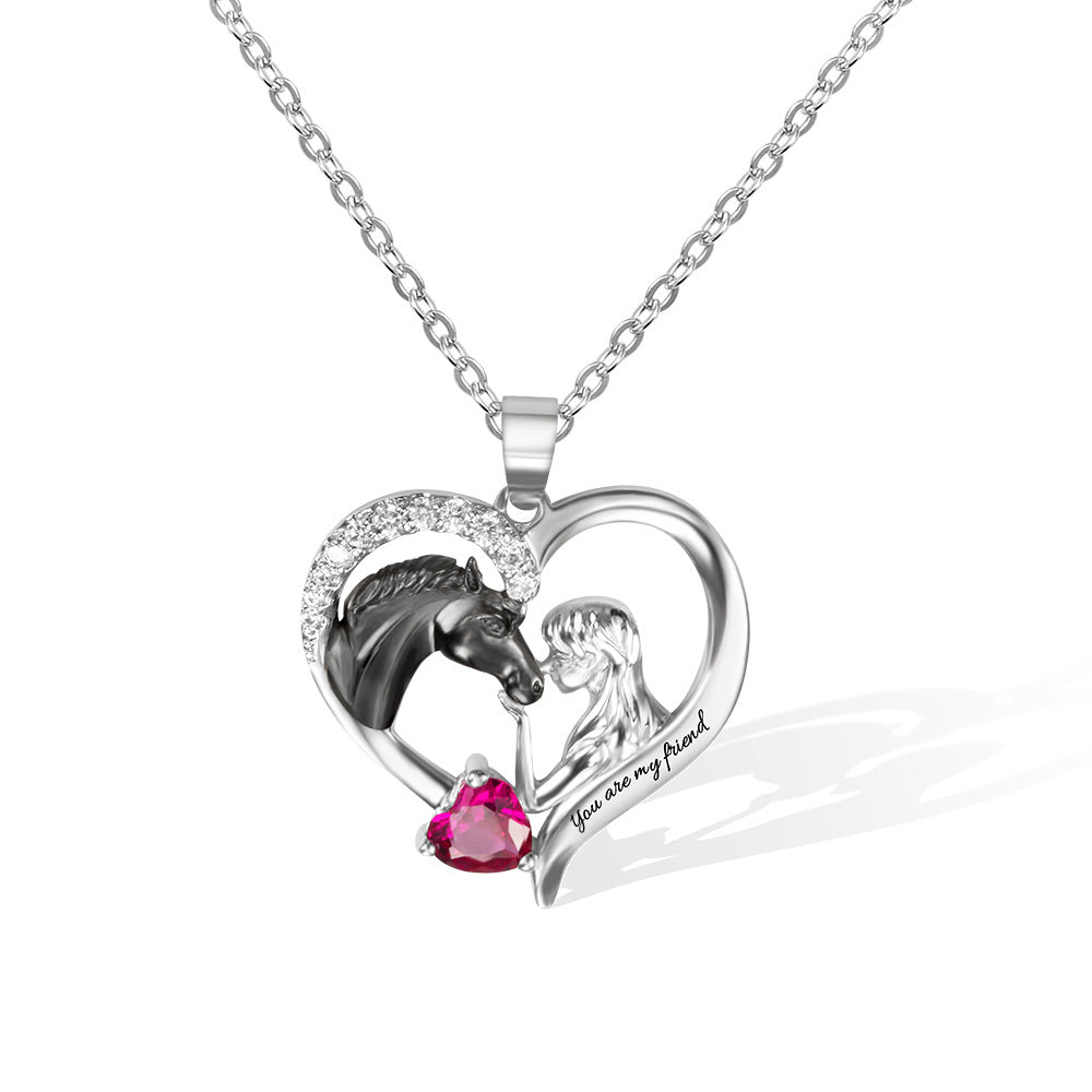 Collana a forma di cuore con ciondolo a forma di cavallo e ragazza in argento sterling 