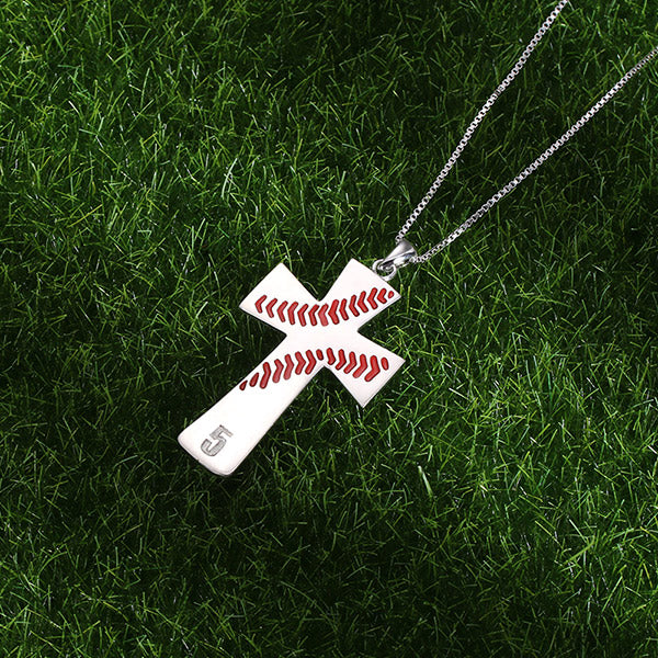 Collana con croce incisa a forma di linea da baseball in argento