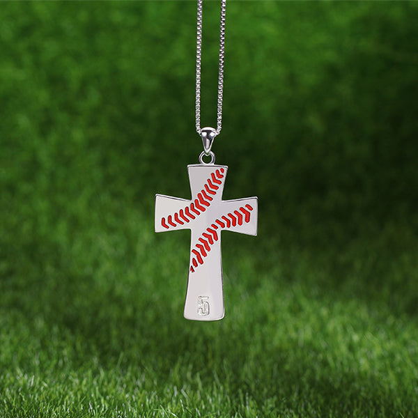 Collana con croce incisa a forma di linea da baseball in argento