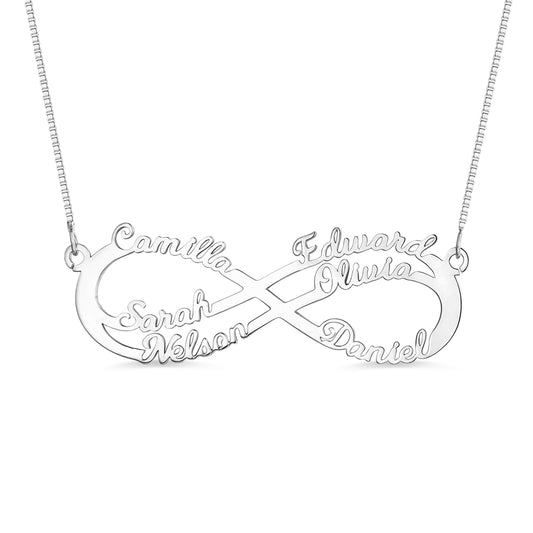 Collana personalizzata con simbolo infinito con 6 nomi in argento 