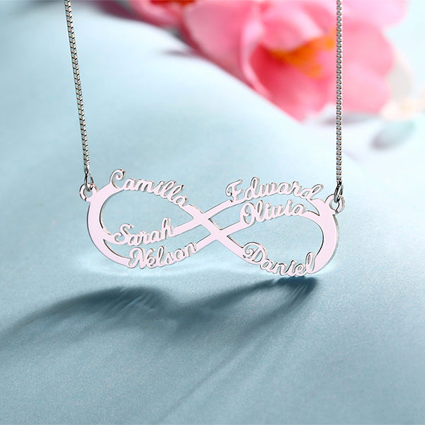 Personalized 6 Names Infinity Symbol Necklace In Silver