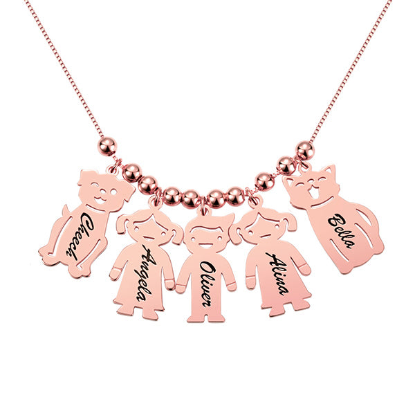 Engraved Kids and Cat and Dog Charm Necklace in Rose Gold