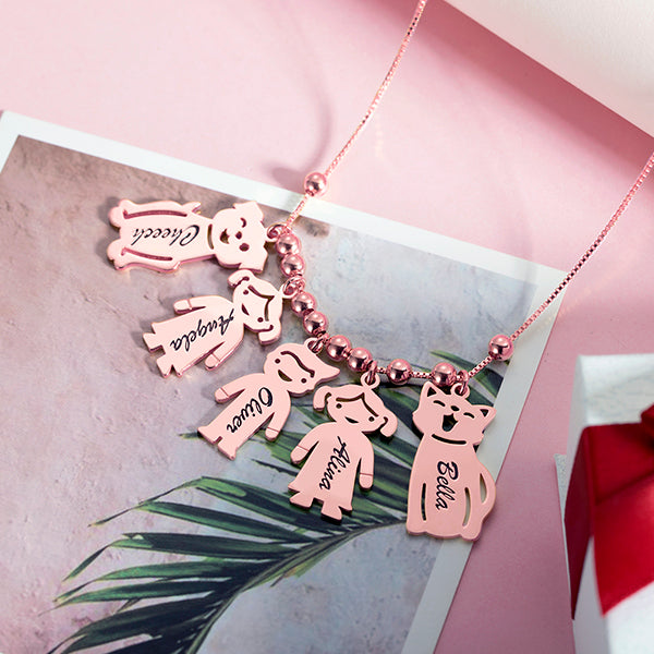 Engraved Kids and Cat and Dog Charm Necklace in Rose Gold