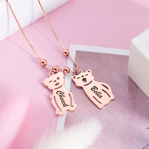 Engraved Kids and Cat and Dog Charm Necklace in Rose Gold