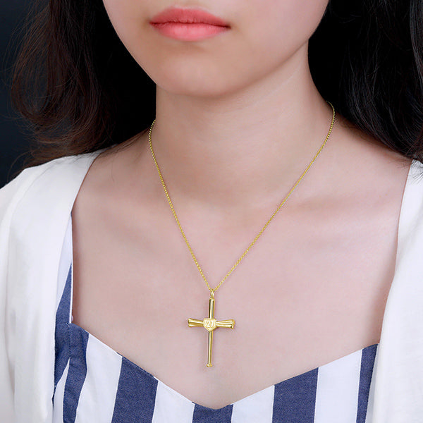 Engraved Double Side Baseball Cross Necklace Brass