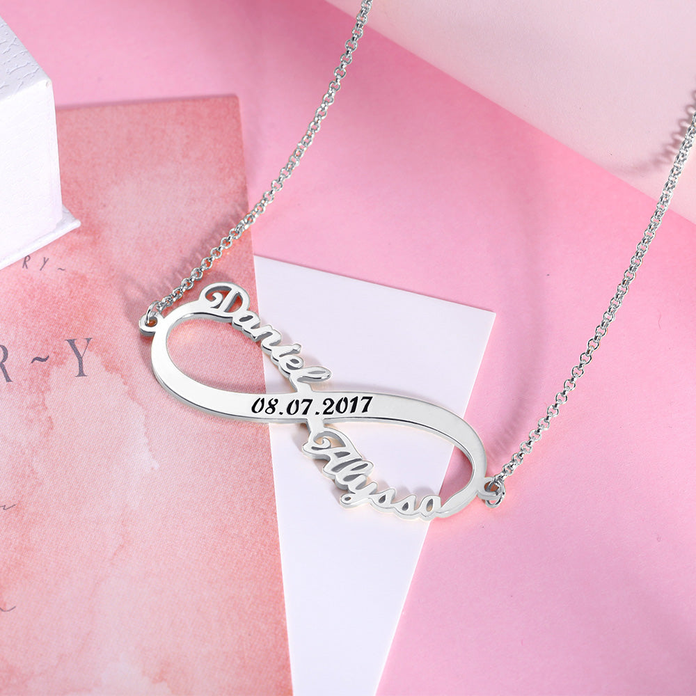 Custom 2 Names Infinity Necklace with Date in Silver