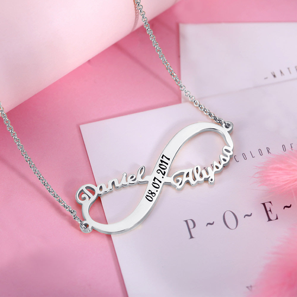 Custom 2 Names Infinity Necklace with Date in Silver