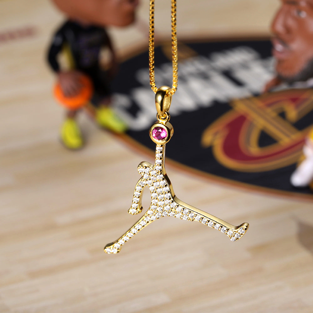 Personalized Basketball Dunk  Necklace with Birthstone In Gold Full Birthstone