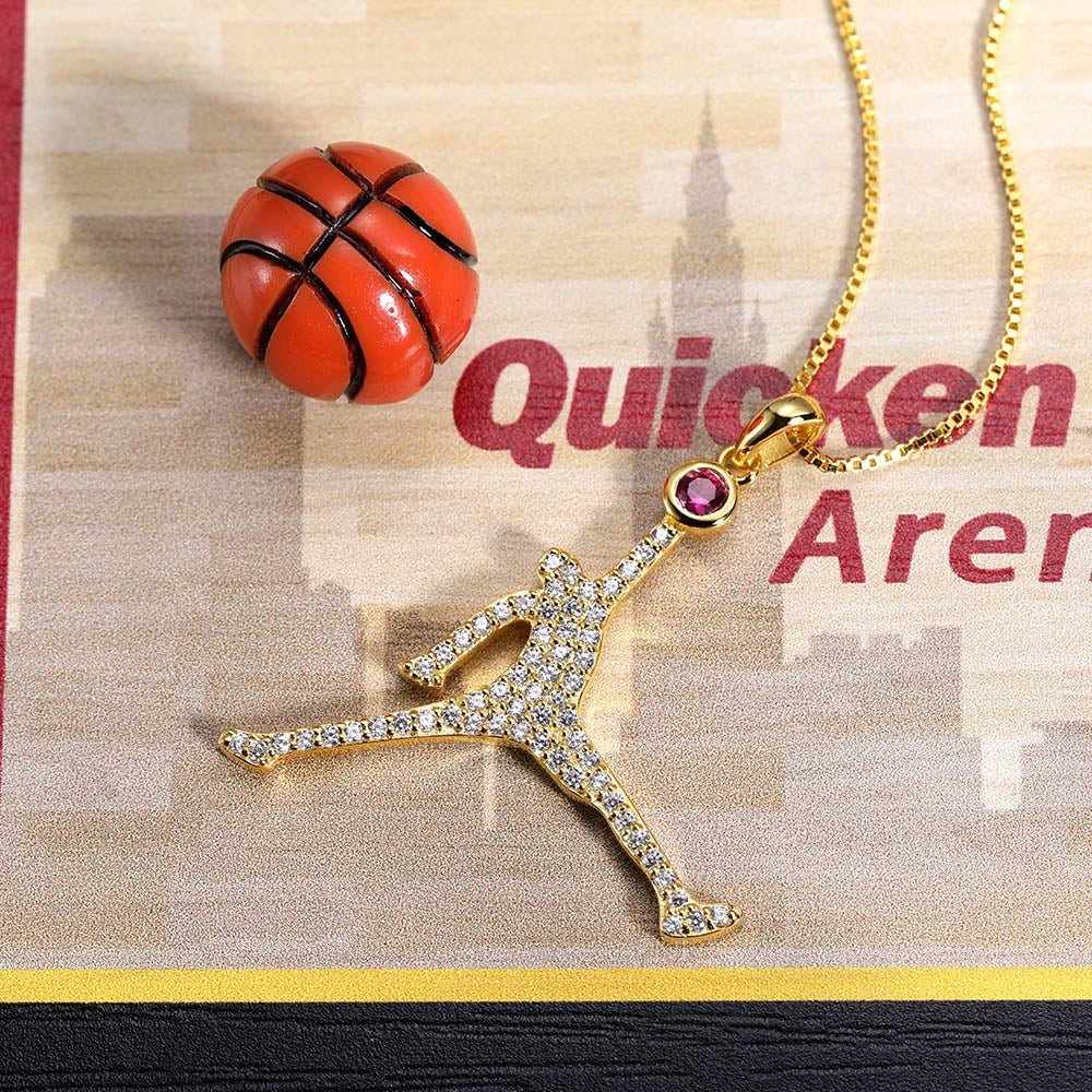 Personalized Basketball Dunk  Necklace with Birthstone In Gold Full Birthstone