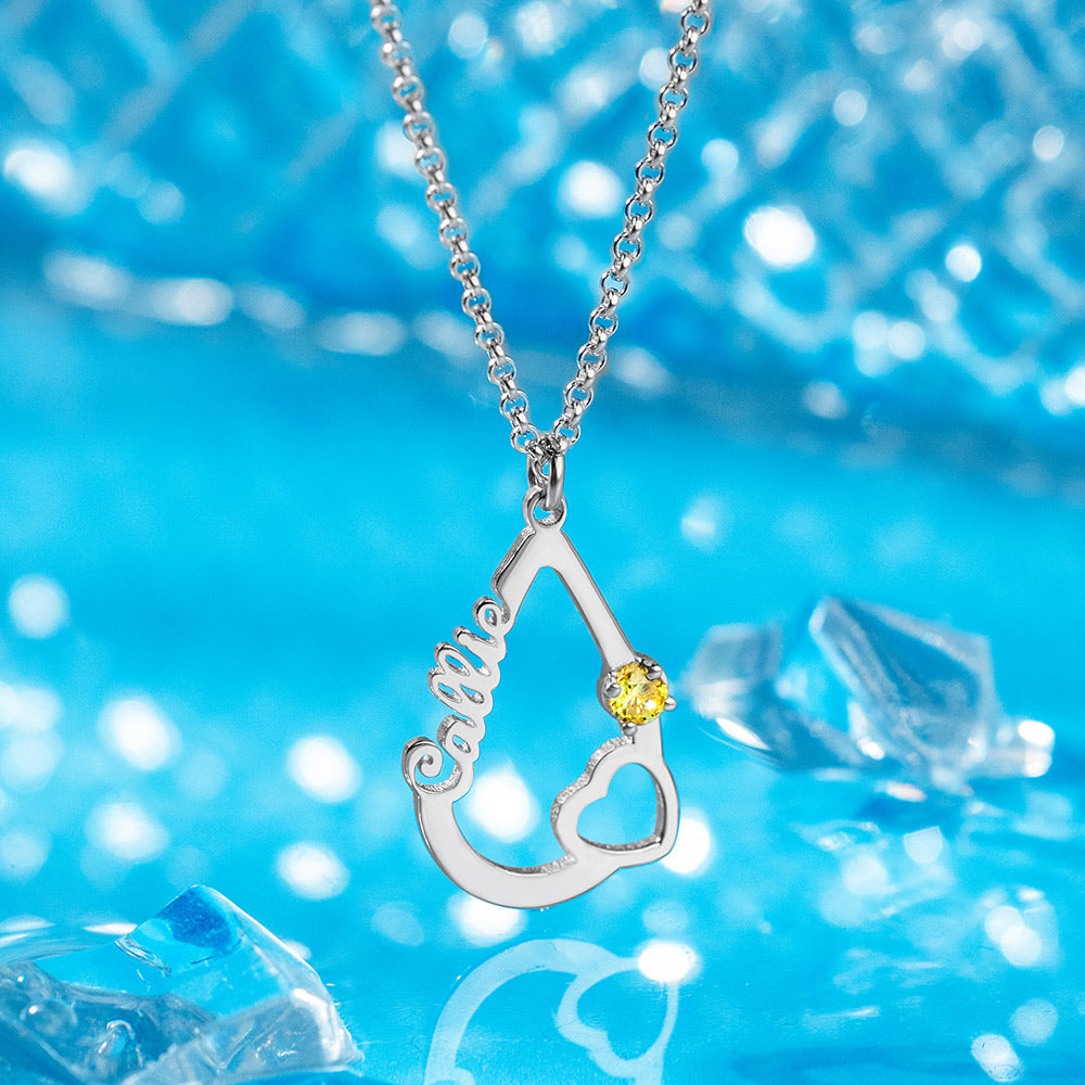 Collana personalizzata con goccia d'acqua a forma di cuore e pietra portafortuna in argento