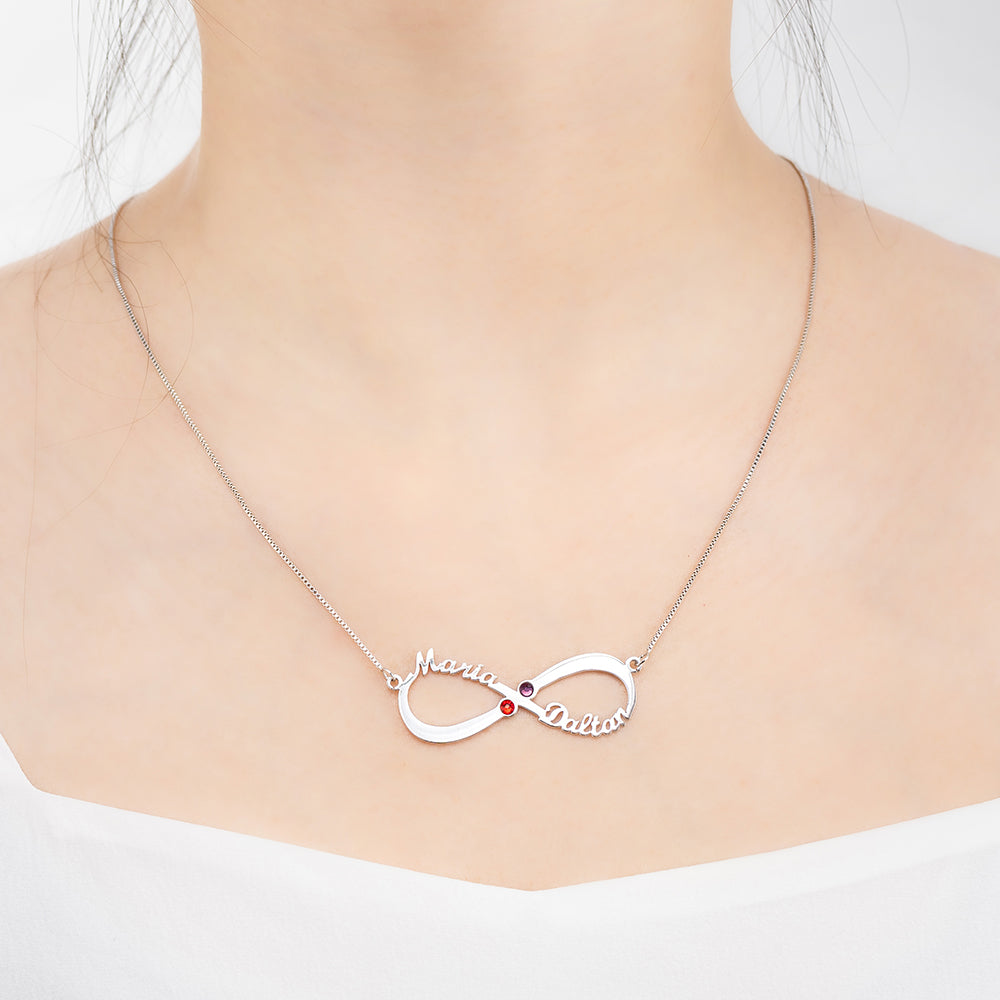 Collana con 2 nomi e pietre portafortuna Infinity Love in argento sterling 