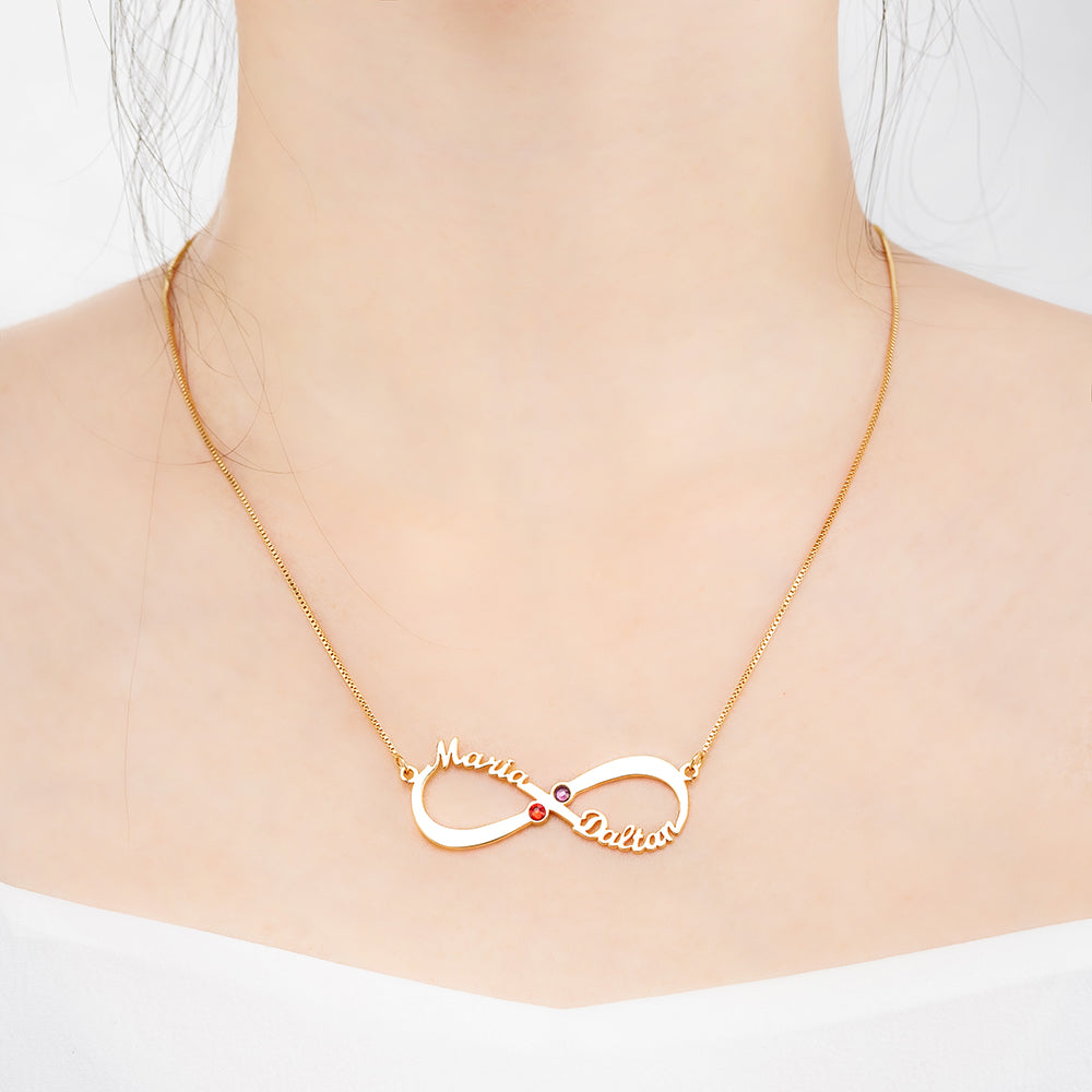 Collana con 2 nomi e pietre portafortuna Infinity Love in argento sterling 