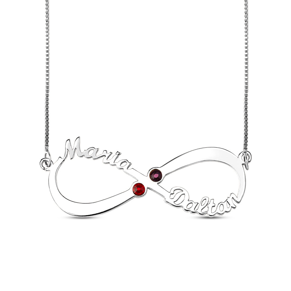 Collana con 2 nomi e pietre portafortuna Infinity Love in argento sterling 