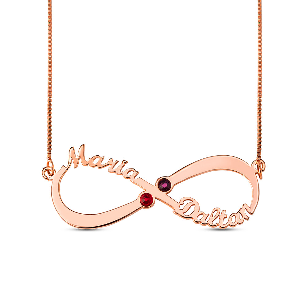 Collana con 2 nomi e pietre portafortuna Infinity Love in argento sterling 