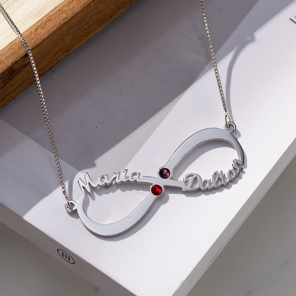 Collana con 2 nomi e pietre portafortuna Infinity Love in argento sterling 