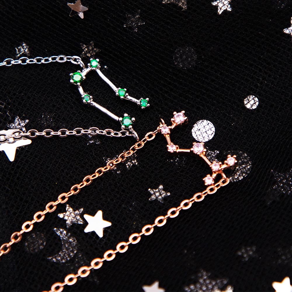 Custom Zodiac Sign Sideway Necklace with Birthstone - Star Style