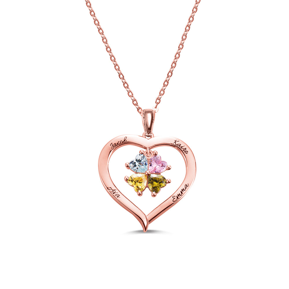 Collana personalizzata con 4 pietre portafortuna a forma di cuore con incisione in argento 