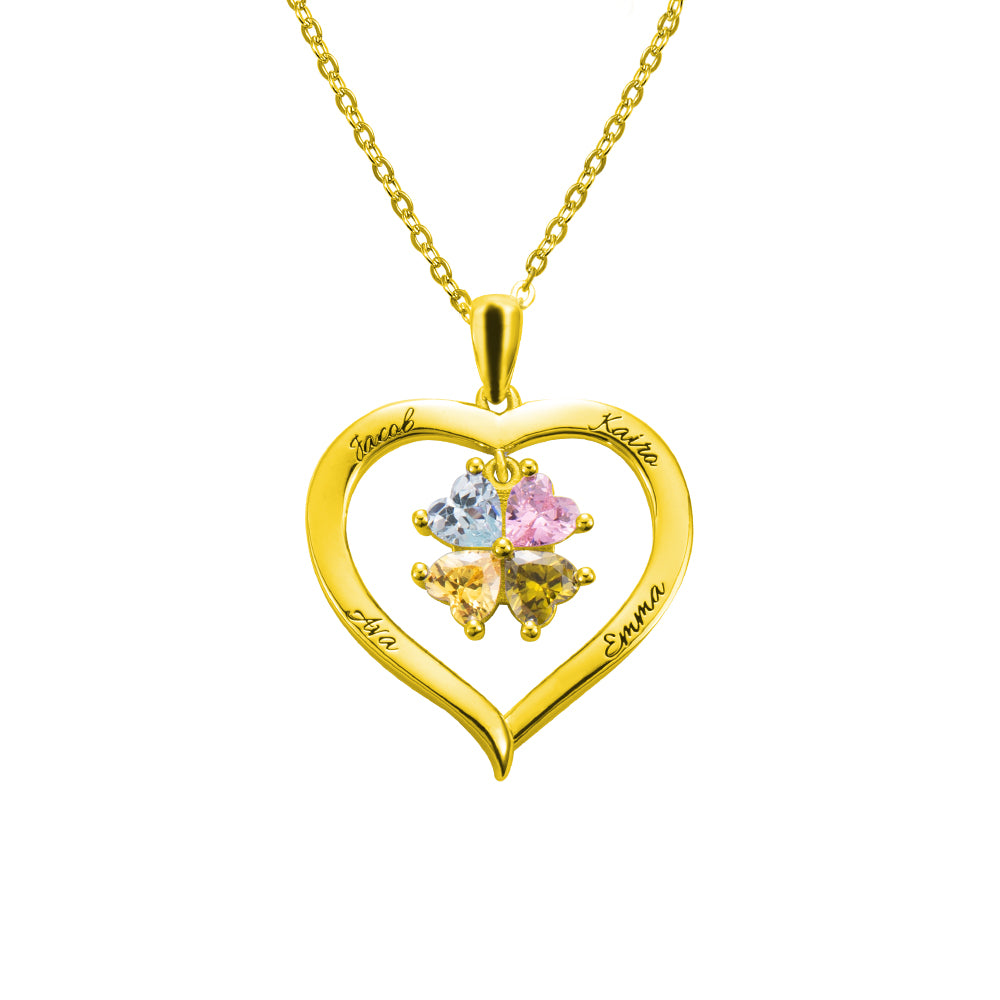 Collana personalizzata con 4 pietre portafortuna a forma di cuore con incisione in argento 