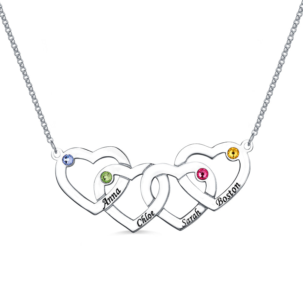 Four Hearts Names&Birthstones Necklace In Silver