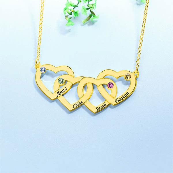 Four Hearts Names&Birthstones Necklace In Silver