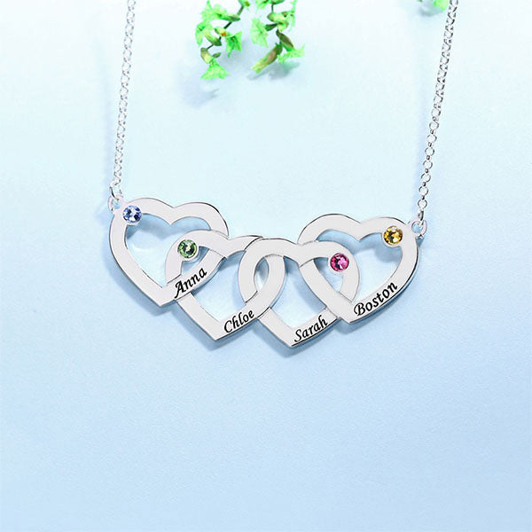 Four Hearts Names&Birthstones Necklace In Silver