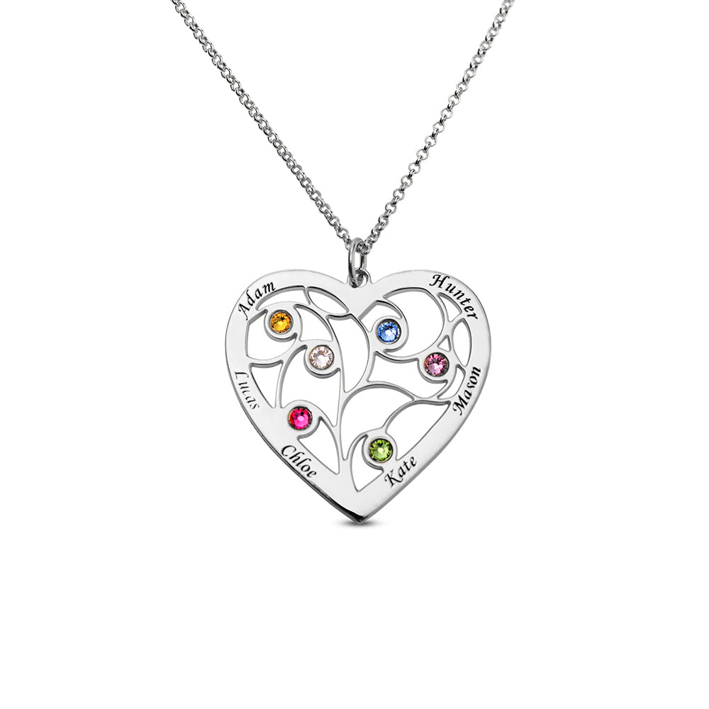 Collana con albero genealogico a forma di cuore in argento sterling con incisione di nome e nascita 