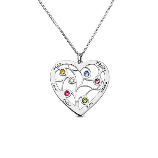 Collana con albero genealogico a forma di cuore in argento sterling con incisione di nome e nascita 