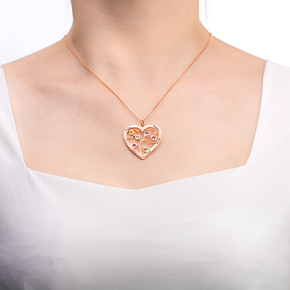 Collana con albero genealogico a forma di cuore in argento sterling con incisione di nome e nascita 