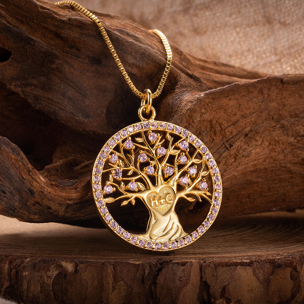 Collana personalizzata con pietra portafortuna a forma di cuore e albero, pietra portafortuna completa