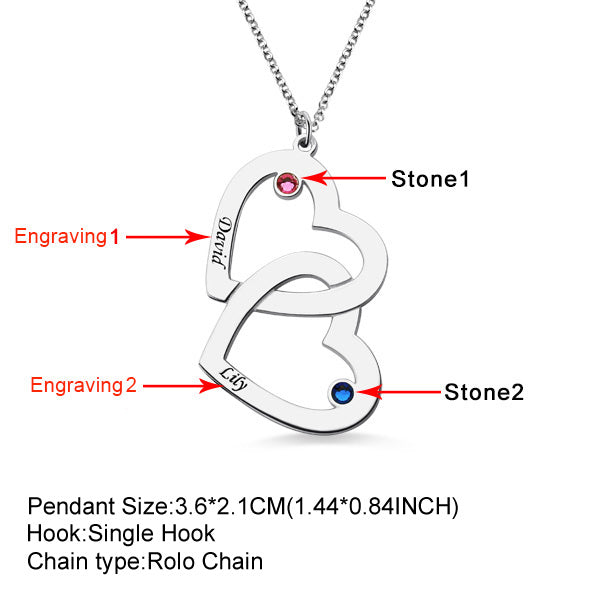 Collana a doppio cuore con 2 nomi e pietre portafortuna in argento sterling 