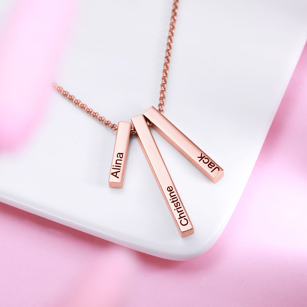 Engraved Triple 3D Vertical Bar Necklace Stainless Steel