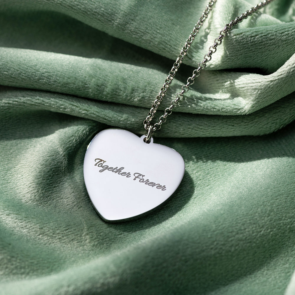 Engraved Heart Shape Photo Necklace Stainless Steel