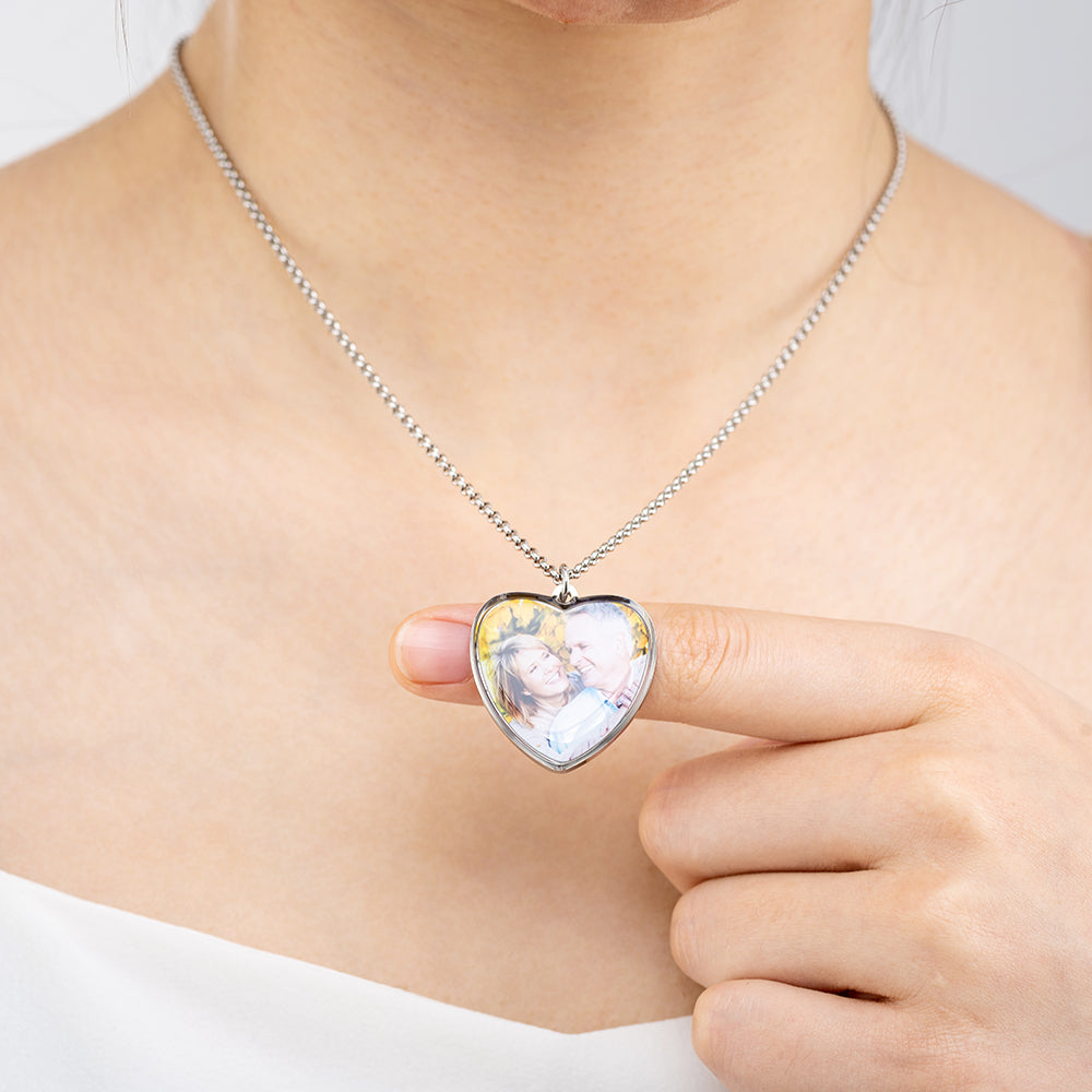 Engraved Heart Shape Photo Necklace Stainless Steel