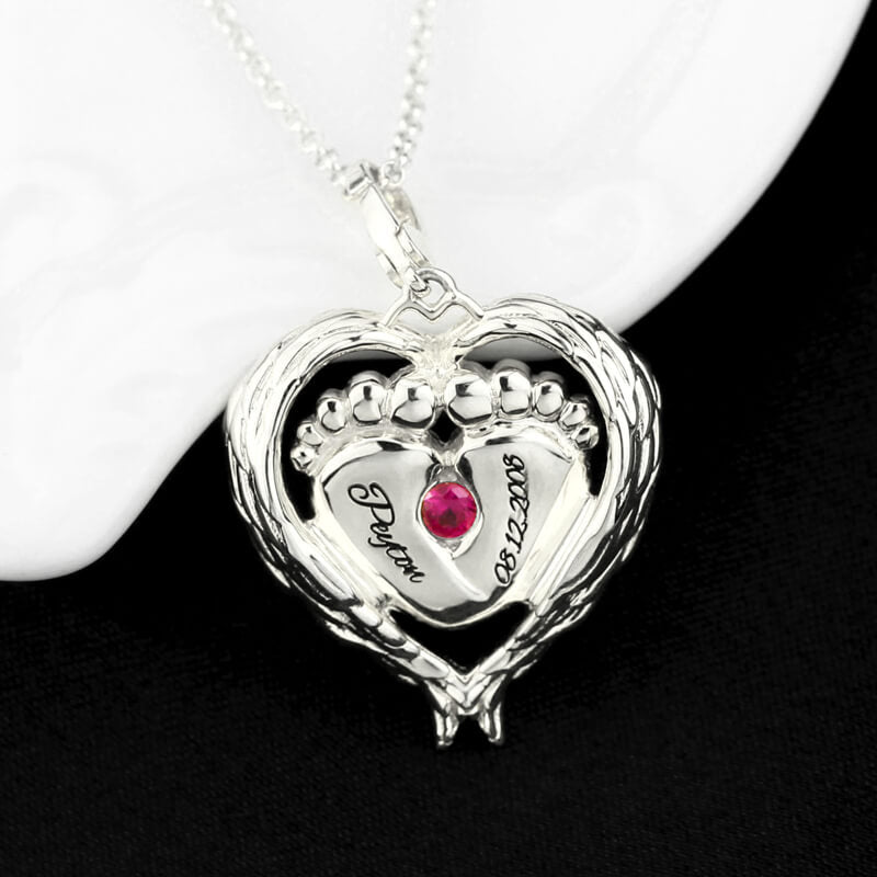 Birthstone Necklace with Heart-shaped Angel Wings Wrap Baby's Feet