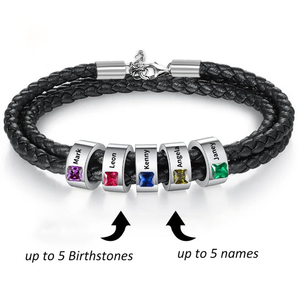 Bracciale con nome personalizzato con pietra portafortuna, braccialetto in pelle intrecciata, braccialetto con pietra portafortuna, regalo per la festa del papà/compleanno per padre/lui/marito