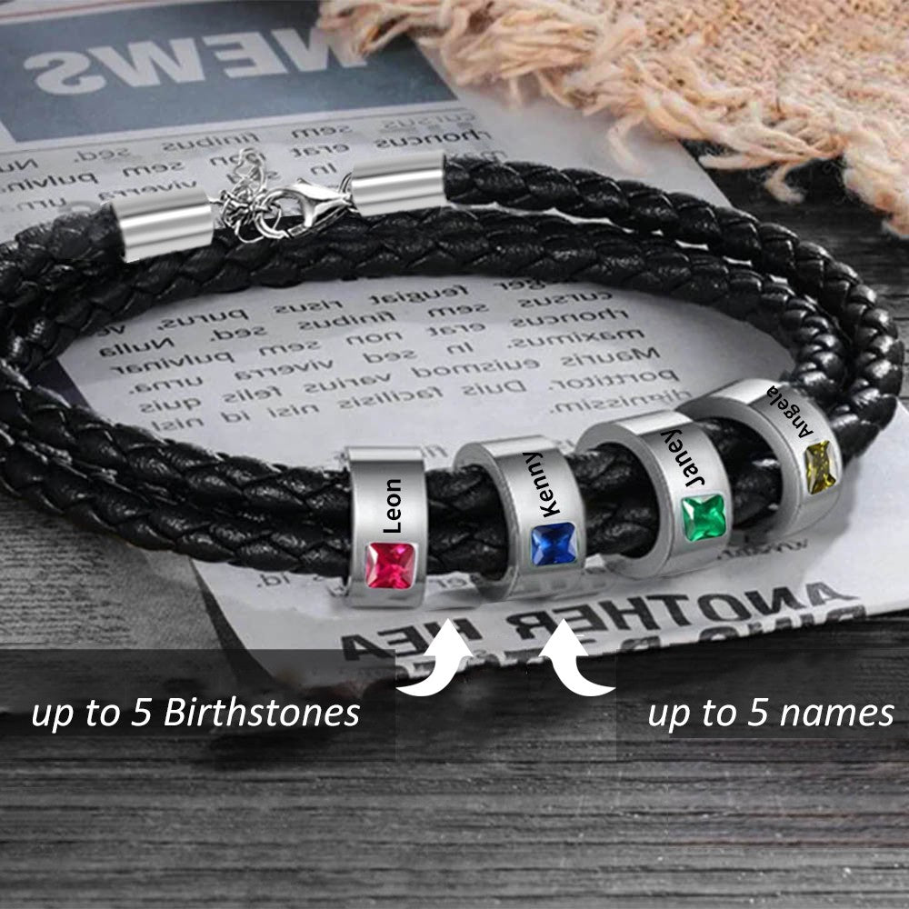 Personalized Name Bracelet with Birthstone, Braided Leather Bracelet, Birthstone Bracelet, Father's Day/Birthday gift for Father/Him/Husband