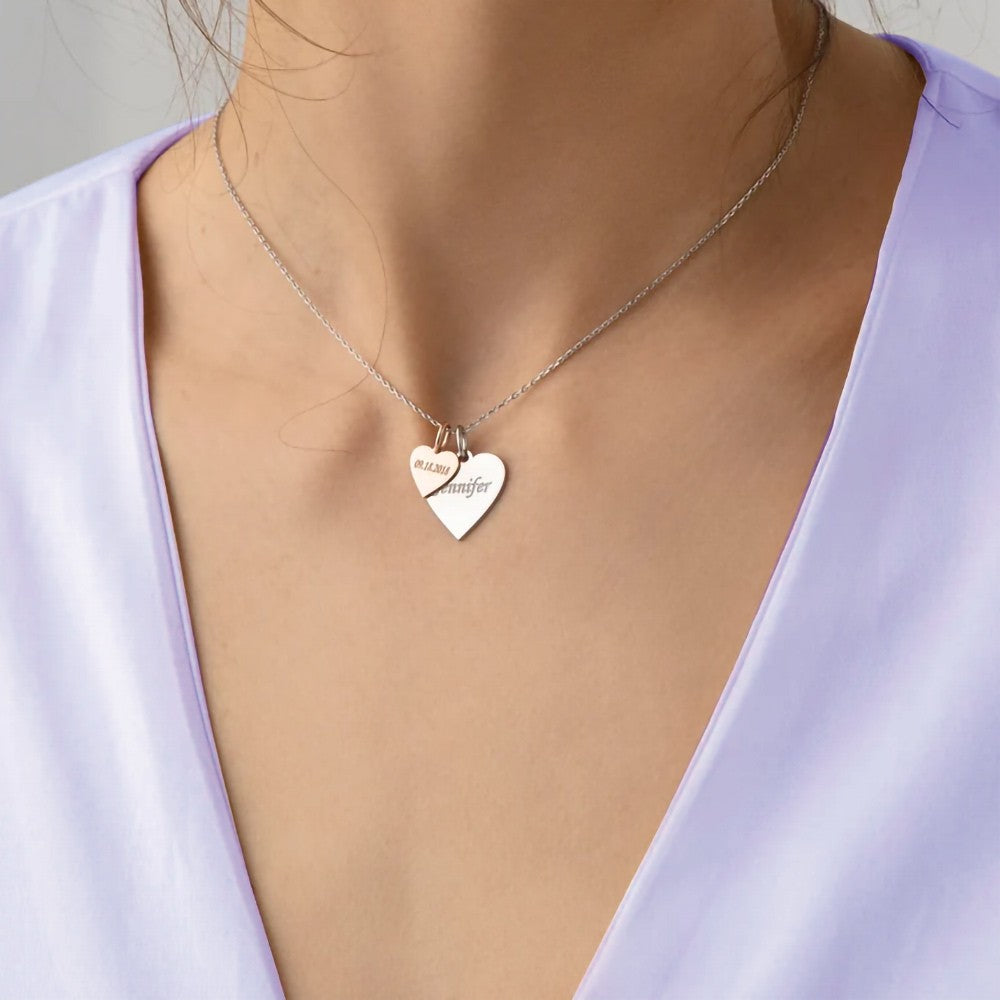 Custom Heart Name Necklace, Engraved Necklace with Name, Double Heart Necklace, Sterling Silver Necklace, Gift for Her/Mom/Wife